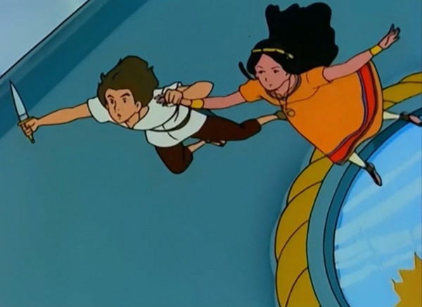 Esteban se jetant avec Zia de la Machine volante des Olmeks (n'avait-il pas le vertige ?)